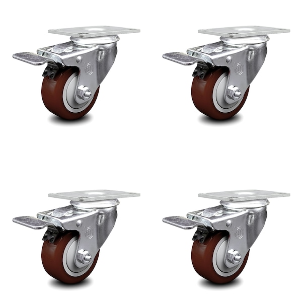3.5 Inch Maroon Polyurethane Swivel Top Plate Caster Set with Total Lock Brake